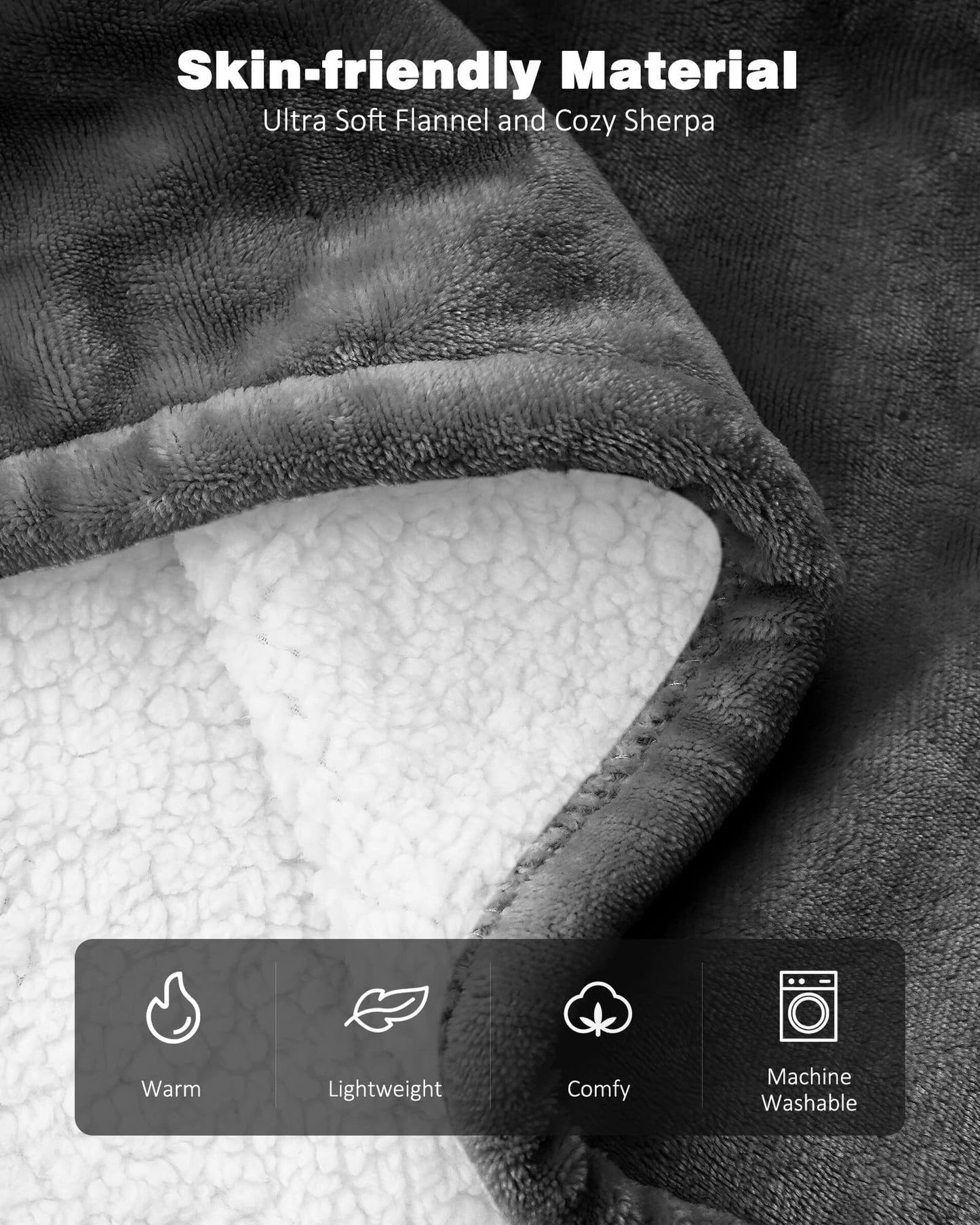Ocuuziisu Electric Heated Blanket Throw Blanket 50" x 60" Flannel and Sherpa Electric Blanket with Buttons, 9 Heating Levels, Auto-off, Machine Washable, Gray