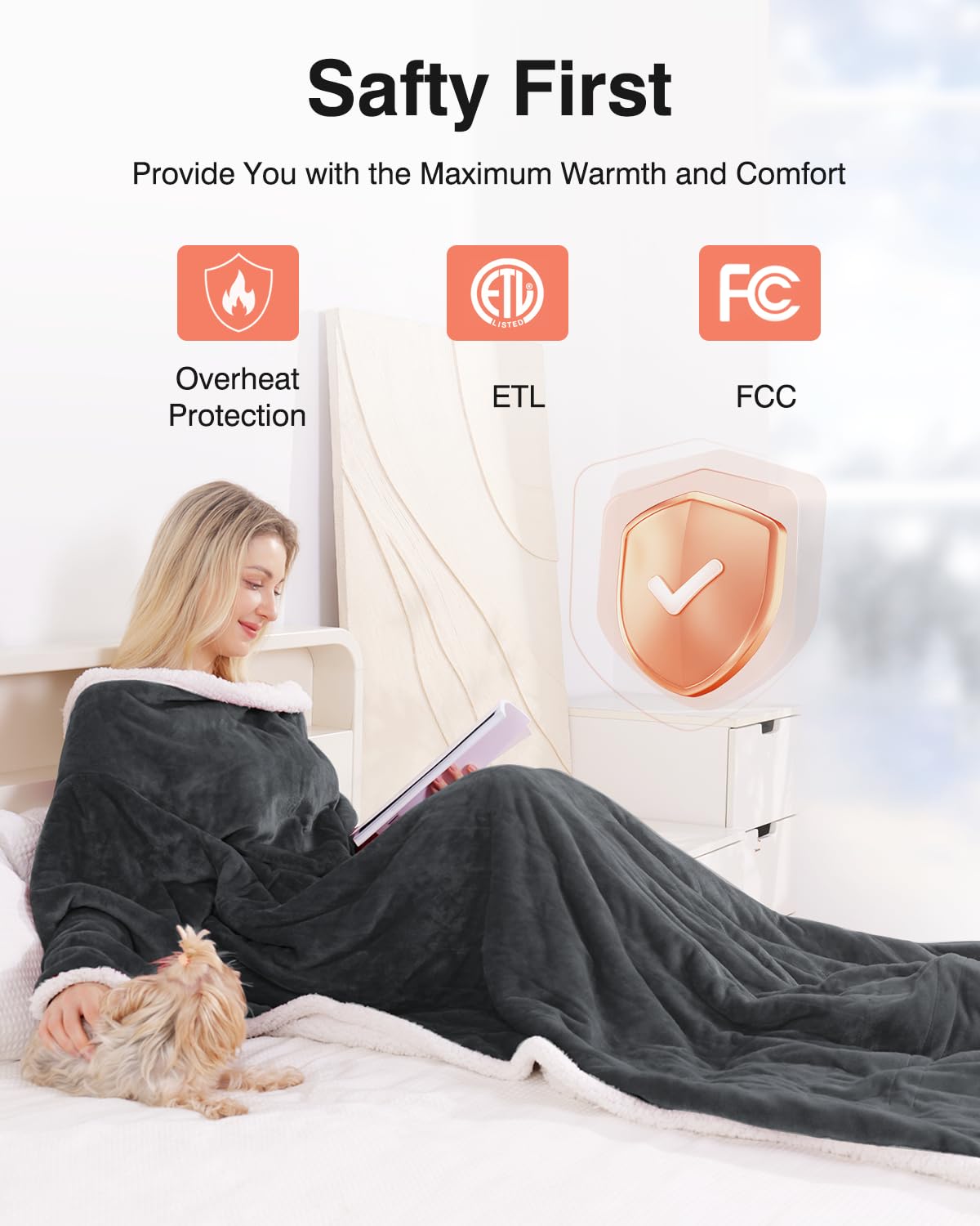 Ocuuziisu Wearable Heated Throw Blanket with Pockets, 50" x 70" Flannel and Sherpa Electric Wrap Poncho Shawl, 9 Heat Settings, 10-Hour Auto Shut Off, Machine Washable, Gray