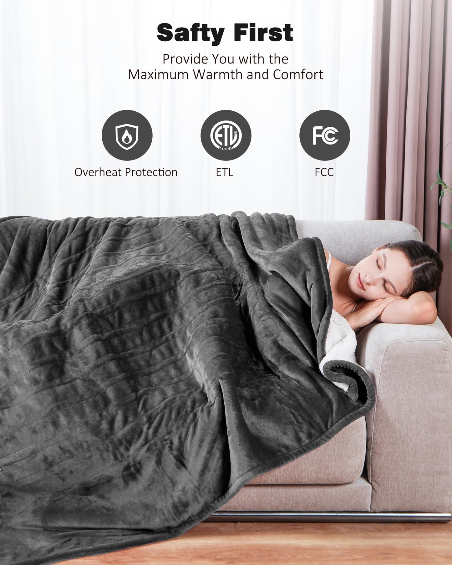 Ocuuziisu Electric Heated Blanket Throw Blanket 50" x 60" Flannel and Sherpa Electric Blanket with Buttons, 9 Heating Levels, Auto-off, Machine Washable, Gray