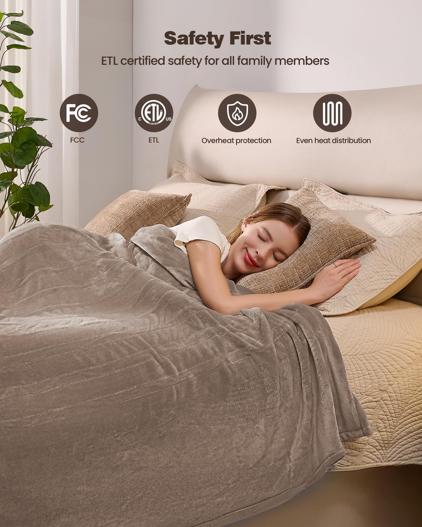 Ocuuziisu Electric Blanket 90" x 100" King Size Heated Blanket, Flannel and Sherpa, 10 Hour Auto-off, 9 Heat Settings, Fast Heating, Machine Washable, Camel