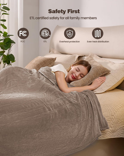 Ocuuziisu Electric Blanket 90" x 100" King Size Heated Blanket, Flannel and Sherpa, 10 Hour Auto-off, 9 Heat Settings, Fast Heating, Machine Washable, Camel
