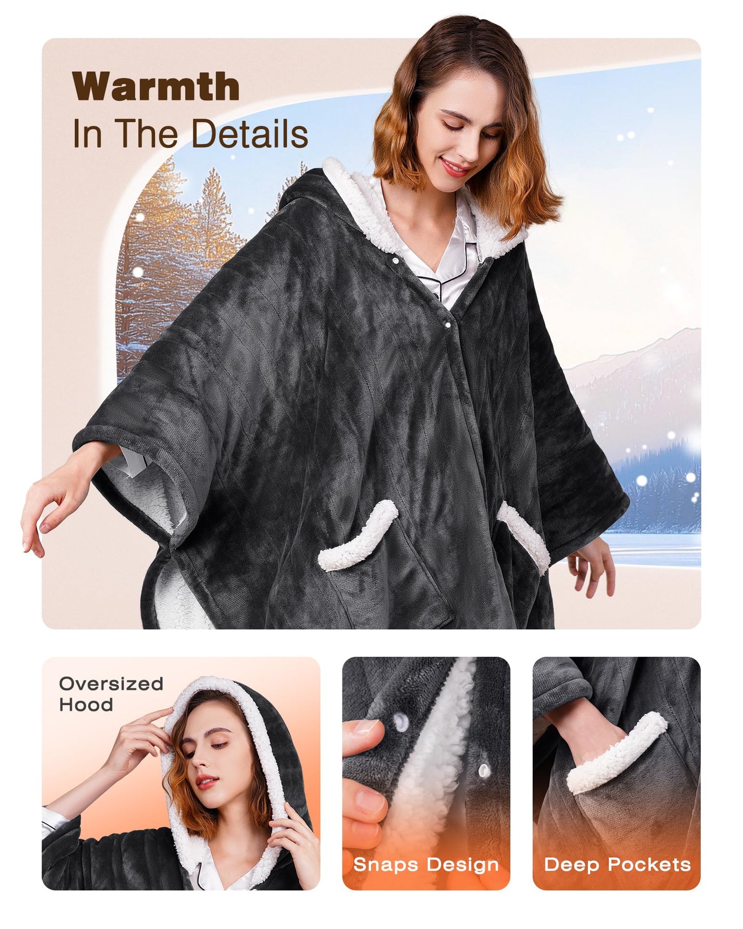 Ocuuziisu Wearable Heated Throw Blanket with Pockets and Hood, 50" x 70" Flannel and Sherpa Electric Wrap, 9 Heating Levels, 10-Hour Auto Shut Off, Machine Washable, Gray