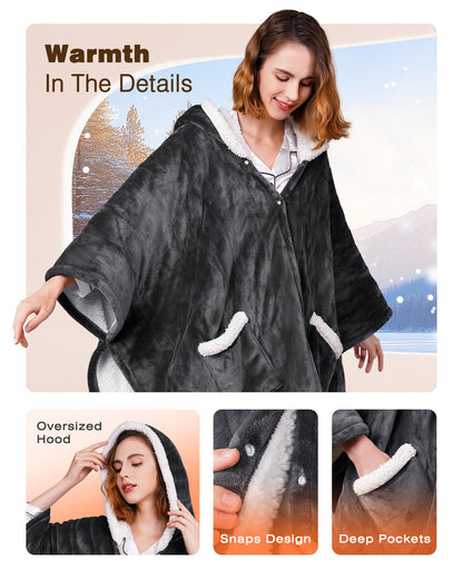 Ocuuziisu Wearable Heated Throw Blanket with Pockets and Hood, 50" x 70" Flannel and Sherpa Electric Wrap, 9 Heating Levels, 10-Hour Auto Shut Off, Machine Washable, Gray