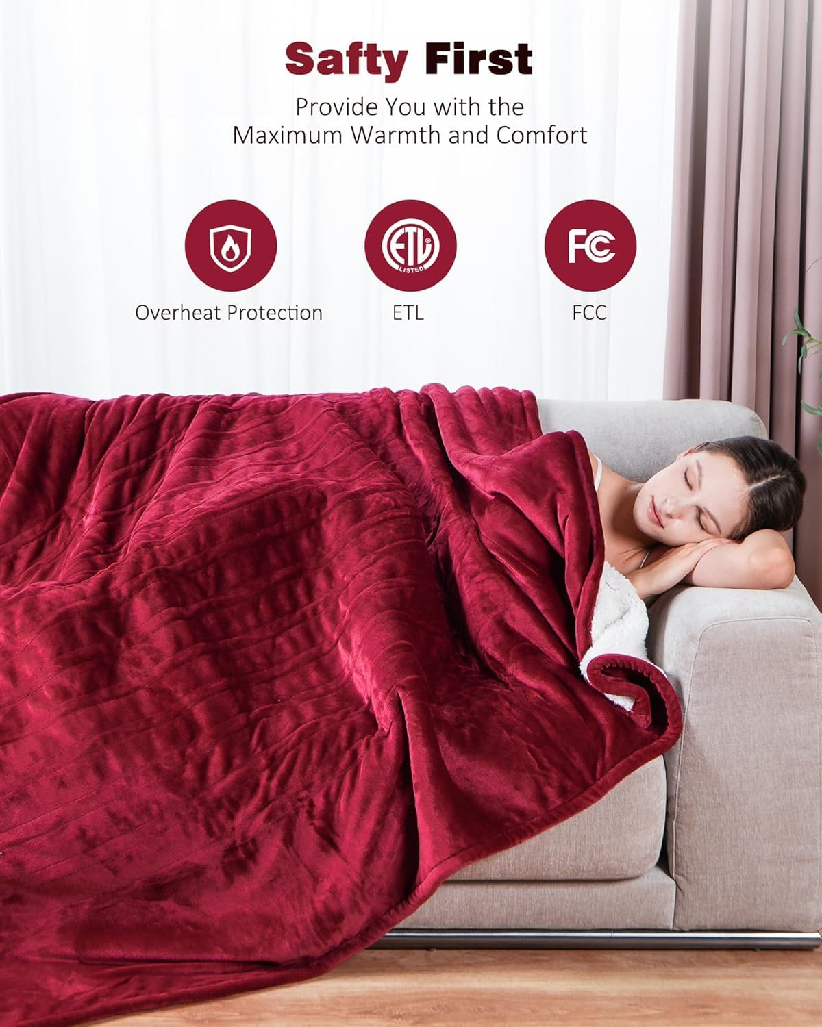 Electric Heated Blanket Throw Blanket 50" x 60" Flannel and Sherpa Electric Blanket with Buttons, 9 Heating Levels, Auto-off, Machine Washable