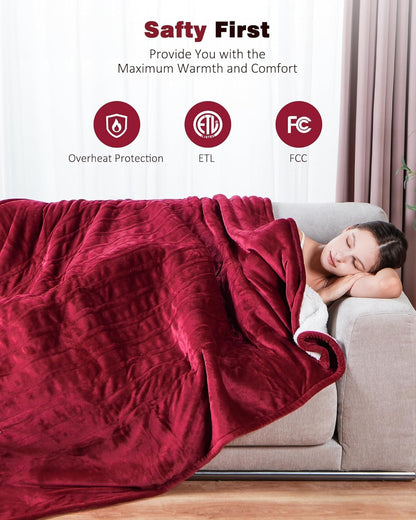 Electric Heated Blanket Throw Blanket 50" x 60" Flannel and Sherpa Electric Blanket with Buttons, 9 Heating Levels, Auto-off, Machine Washable