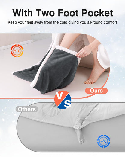 Ocuuziisu Wearable Heated Throw Blanket with Pockets, 50" x 70" Flannel and Sherpa Electric Wrap Poncho Shawl, 9 Heat Settings, 10-Hour Auto Shut Off, Machine Washable, Gray