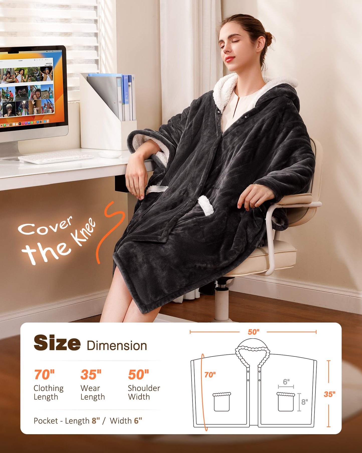 Ocuuziisu Wearable Heated Throw Blanket with Pockets and Hood, 50" x 70" Flannel and Sherpa Electric Wrap, 9 Heating Levels, 10-Hour Auto Shut Off, Machine Washable, Gray