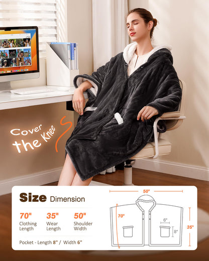 Ocuuziisu Wearable Heated Throw Blanket with Pockets and Hood, 50" x 70" Flannel and Sherpa Electric Wrap, 9 Heating Levels, 10-Hour Auto Shut Off, Machine Washable, Gray