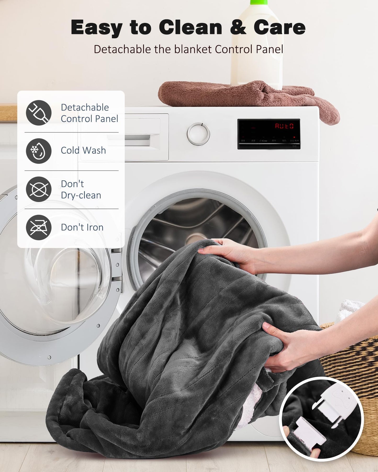 Ocuuziisu Electric Heated Blanket Throw Blanket 50" x 60" Flannel and Sherpa Electric Blanket with Buttons, 9 Heating Levels, Auto-off, Machine Washable, Gray