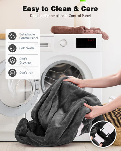 Ocuuziisu Electric Heated Blanket Throw Blanket 50" x 60" Flannel and Sherpa Electric Blanket with Buttons, 9 Heating Levels, Auto-off, Machine Washable, Gray