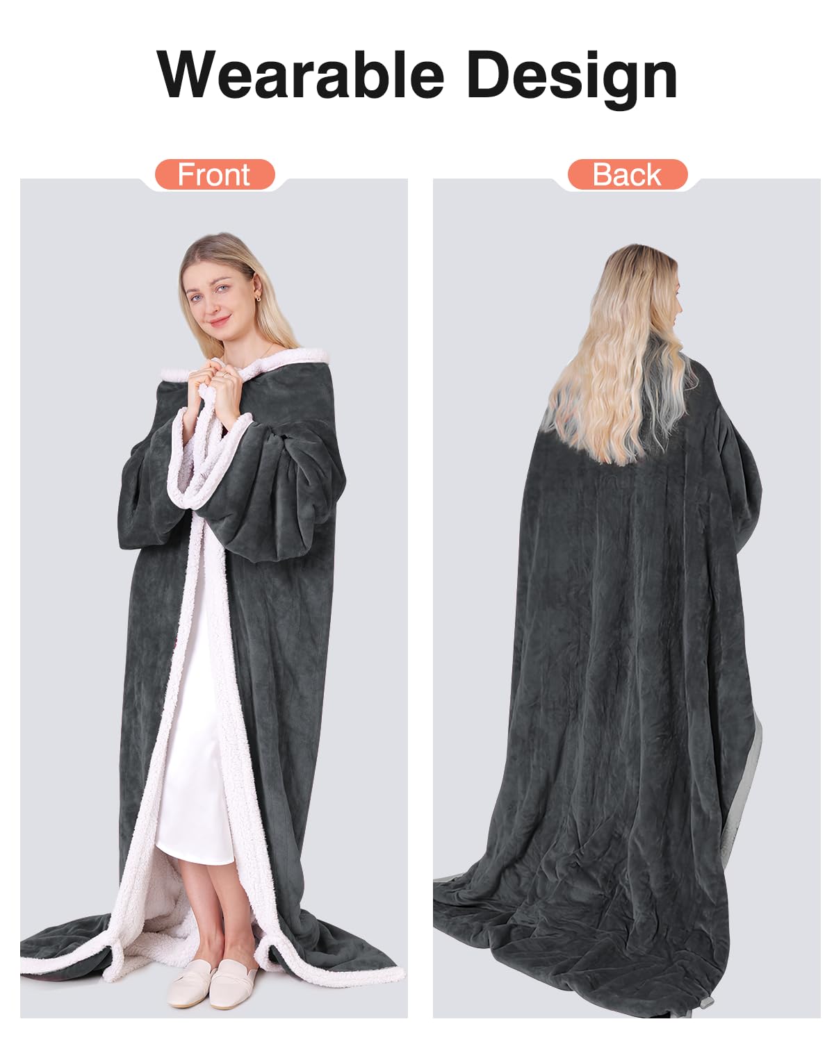 Ocuuziisu Wearable Heated Throw Blanket with Pockets, 50" x 70" Flannel and Sherpa Electric Wrap Poncho Shawl, 9 Heat Settings, 10-Hour Auto Shut Off, Machine Washable, Gray