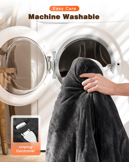 Ocuuziisu Wearable Heated Throw Blanket with Pockets and Hood, 50" x 70" Flannel and Sherpa Electric Wrap, 9 Heating Levels, 10-Hour Auto Shut Off, Machine Washable, Gray
