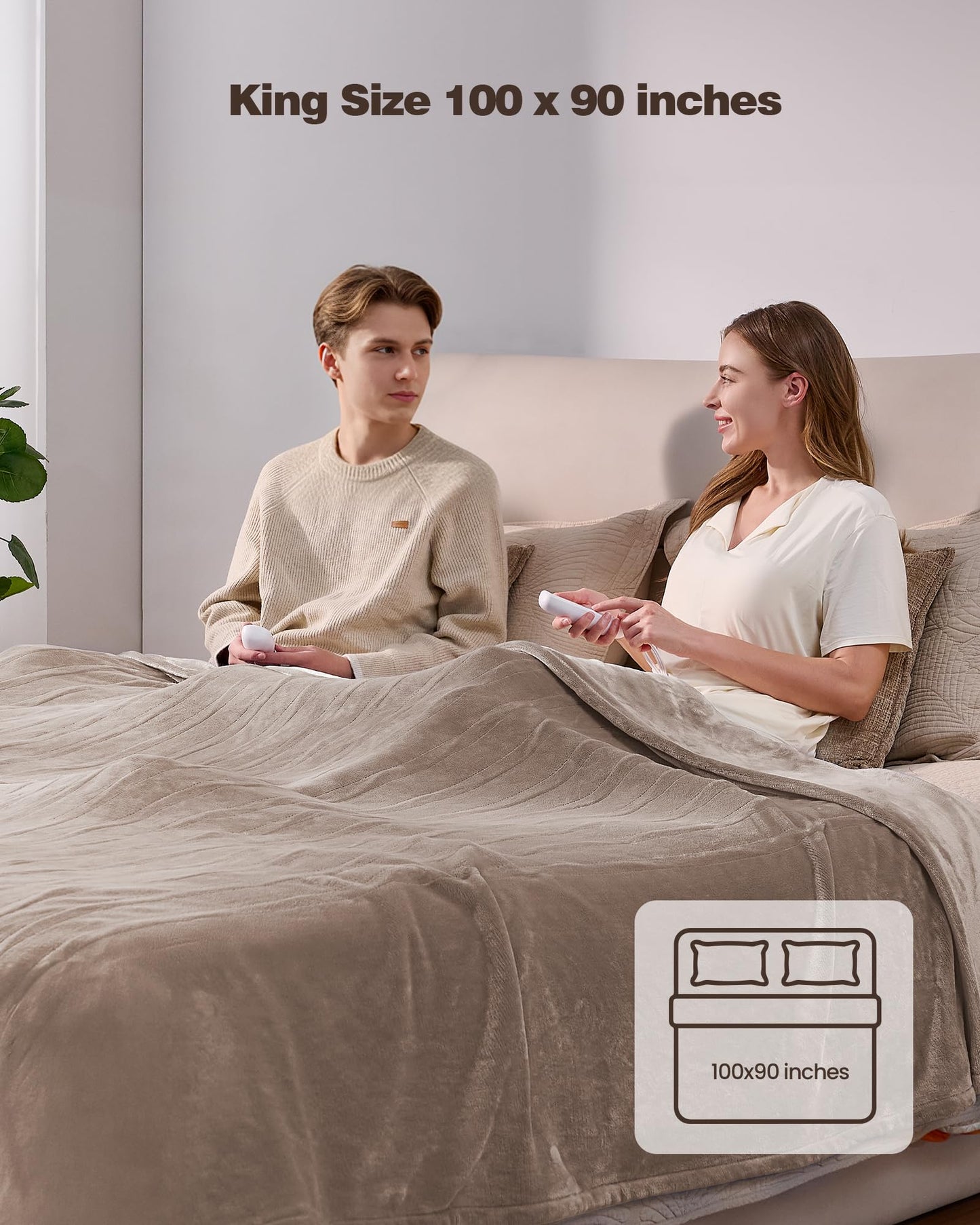 Ocuuziisu Electric Blanket 90" x 100" King Size Heated Blanket, Flannel and Sherpa, 10 Hour Auto-off, 9 Heat Settings, Fast Heating, Machine Washable, Camel
